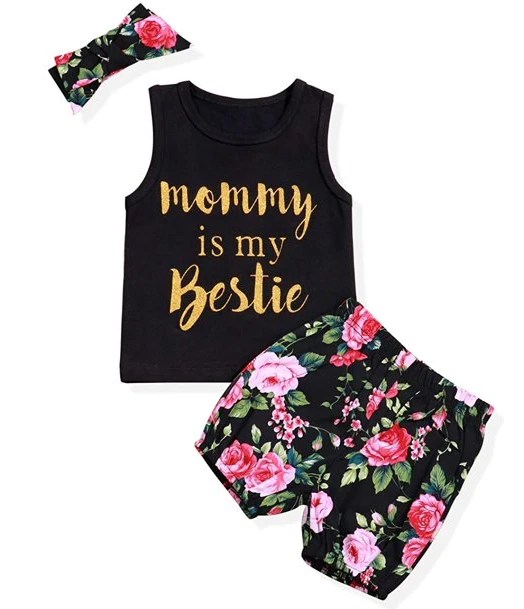 Baby Outfits Print Vest Shorts+Headbands Tops+Floral Outfit     621366 - TUZZUT Qatar Online Shopping