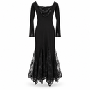 Women's Elegant Black Lace-Up Long Sleeve Maxi Dress with Floral Lace Hem - M