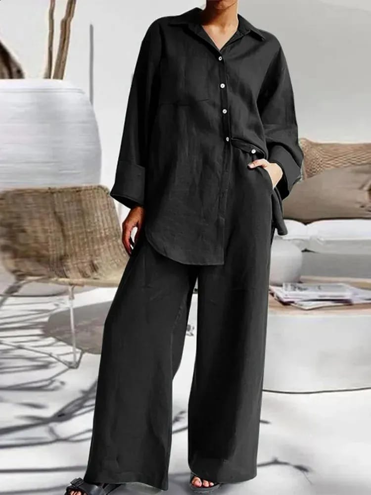 Women's Summer Casual Two-Piece Set - Solid Color Cotton Hemp Rope Collar Long Sleeve Shirt & Wide Leg Pants S479620 Women's Summer Casual Two-Piece Set - Solid Color Cotton Hemp Rope Collar Long Sleeve Shirt & Wide Leg Pants S479620