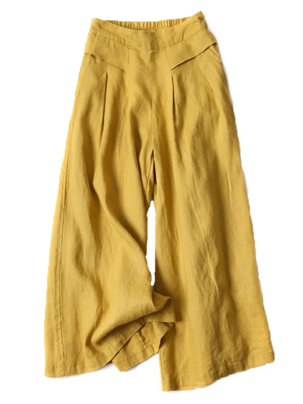 Solid Color Ramie Cotton Plus Size Loose Ninth Wide-Leg Pants 83707 - 3XL