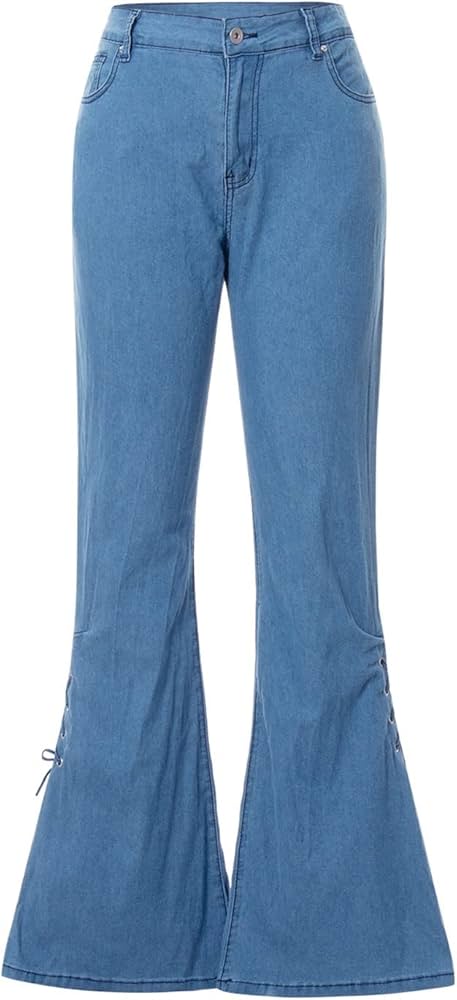 Women Jeans Mid Waist Side Pockets Slimming Casual Party Street Wide Leg Lace Up Bell Bottom Pants S4057094 Women Jeans Mid Waist Side Pockets Slimming Casual Party Street Wide Leg Lace Up Bell Bottom Pants S4057094