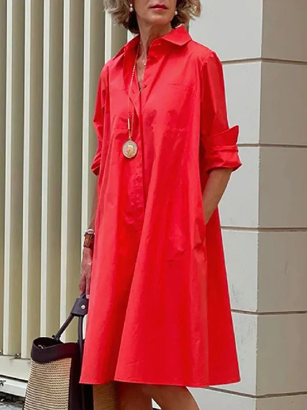 Simple Long Sleeves Solid Color Lapel Midi Dress L 107437 Simple Long Sleeves Solid Color Lapel Midi Dress L 107437