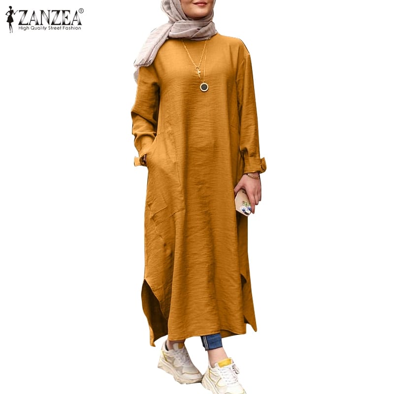 ZANZEA Fashion Women Long Sleeve Solid Long Tops Tunic Vintage