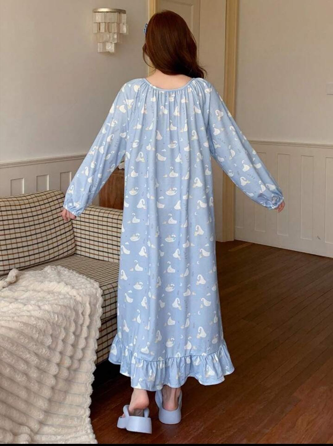 Cute Cartoon Loose Drawstring Neck Ruffle Trim Nightgown 608502 Cute Cartoon Loose Drawstring Neck Ruffle Trim Nightgown 608502