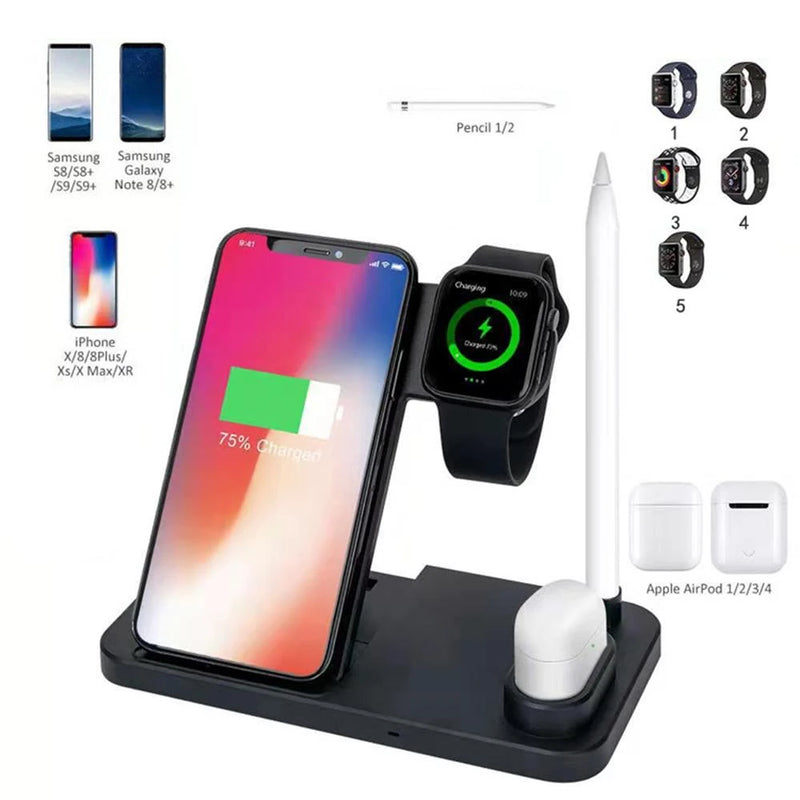 4 In 1 Wireless Charging Stand For IOS 14 13 12 11 XS XR X 8Plus 10W Fast Charger For Pencil 1/2 Watch Earphones Android 9V/2A S3844147 - Tuzzut.com Qatar Online Shopping