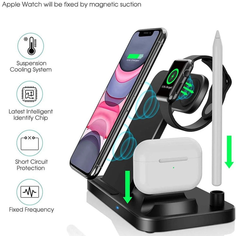4 In 1 Wireless Charging Stand For IOS 14 13 12 11 XS XR X 8Plus 10W Fast Charger For Pencil 1/2 Watch Earphones Android 9V/2A S3844147 - Tuzzut.com Qatar Online Shopping