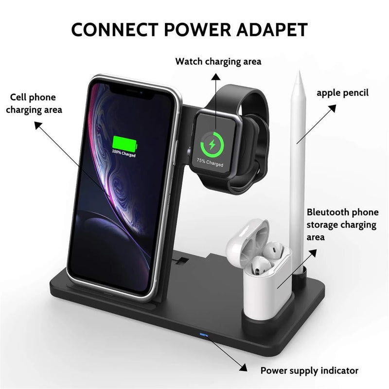 4 In 1 Wireless Charging Stand For IOS 14 13 12 11 XS XR X 8Plus 10W Fast Charger For Pencil 1/2 Watch Earphones Android 9V/2A S3844147 - Tuzzut.com Qatar Online Shopping