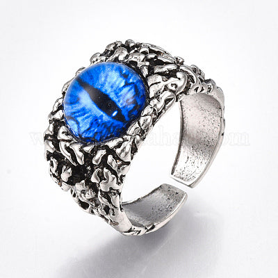 Dragon Eye Alloy Glass Cuff Finger Rings Wide Band Rings Antique Silver Blue S4635095
