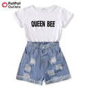 PatPat 2pcs Baby Girl Clothes Letter Print Short-sleeve White Tee and Ripped Denim Shorts Set Kid Clothing 20407903 - Tuzzut.com Qatar Online Shopping