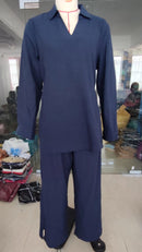 Women's Vintage V-neck Hemp Loose Shirt High Waist Wide Leg Pants   B-95075 - TUZZUT Qatar Online Shopping