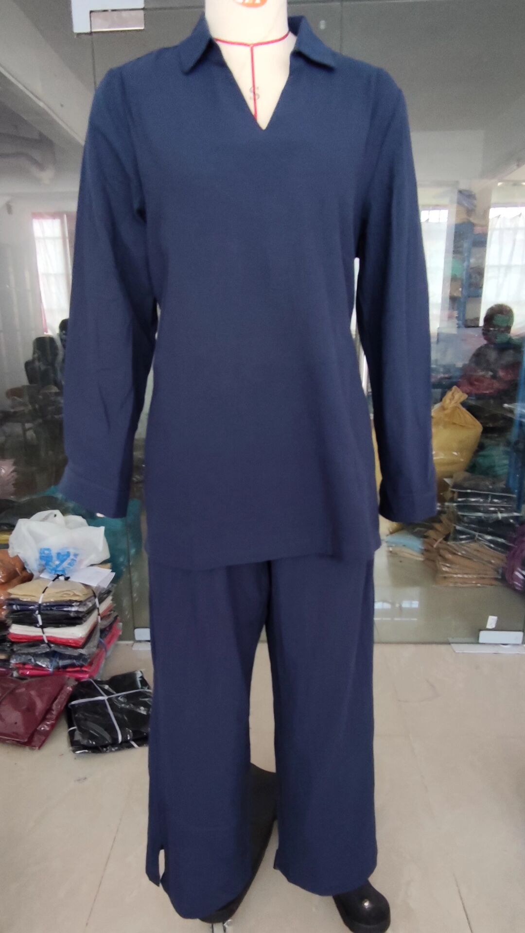 Women's Vintage V-neck Hemp Loose Shirt High Waist Wide Leg Pants B-95075 Women's Vintage V-neck Hemp Loose Shirt High Waist Wide Leg Pants B-95075