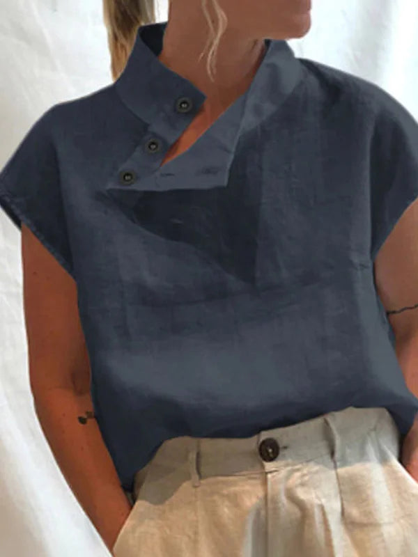 Solid Color Stand Collar Cap-Sleeve Shirts M 84523 Solid Color Stand Collar Cap-Sleeve Shirts M 84523