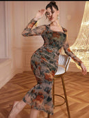 Modely Net Fabric Printed Square Neck Pleated Fitted Midi Dress For Women Maxi Women Outfit Long Evening Dresses    B92410 - TUZZUT Qatar Online Shopping