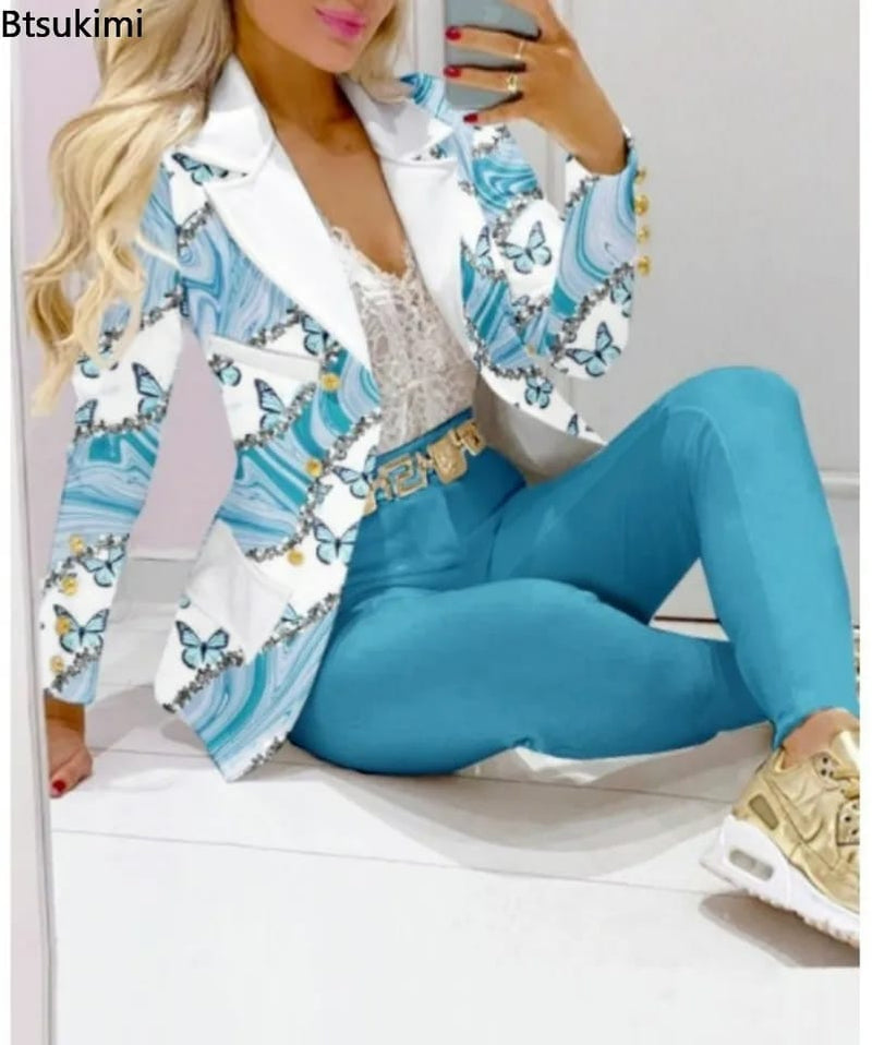 Elegant INS Paisley Butterfly Blazer Suit and Pants Two 2 Piece Set for Women Autumn Winter Street Outfit Tracksuit 028192579