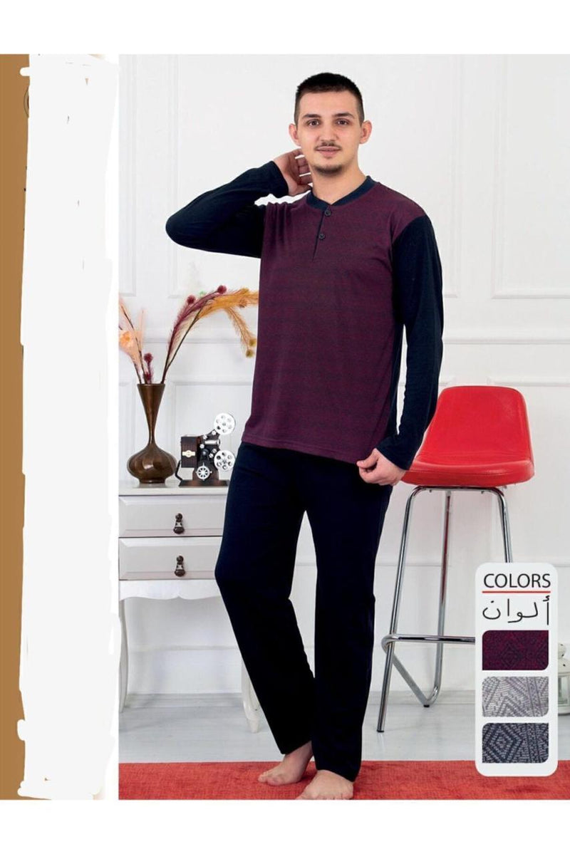 Cotton Jacquard Long Sleeve Men's Pajama Set- 1002 - TUZZUT Qatar Online Shopping