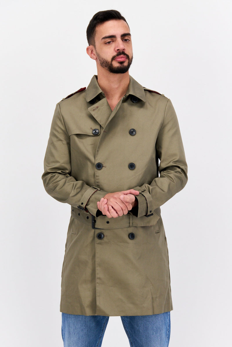 Men Solid Cortez Trench Coat, Khaki A001 - TUZZUT Qatar Online Shopping