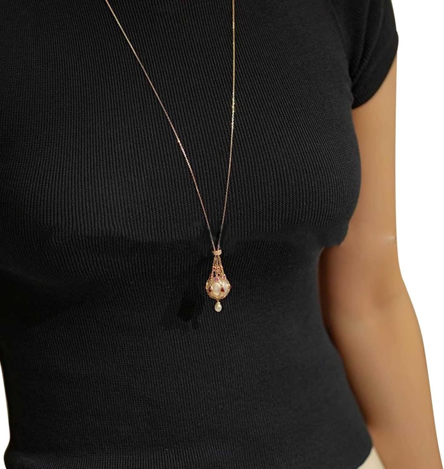 Pearl Gemstone Lavalier Pendant Metal Braided Mesh Necklace B-388701 Pearl Gemstone Lavalier Pendant Metal Braided Mesh Necklace B-388701