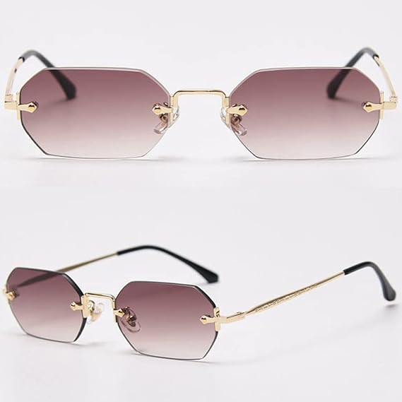 Rimless Octagonal Gold With Brown Sunglasses AM76 Rimless Octagonal Gold With Brown Sunglasses AM76