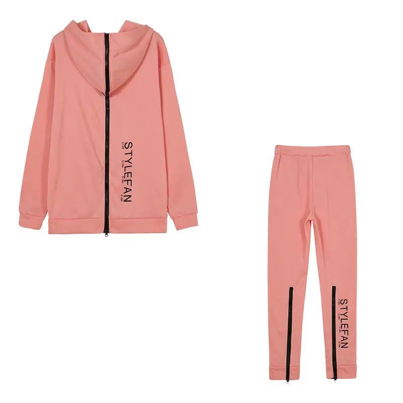 Fashion Women's 2-piece Suit Long Zipper Front and Back with Letter Printing Loose Long Sweater + Trousers Suit XL S4894614