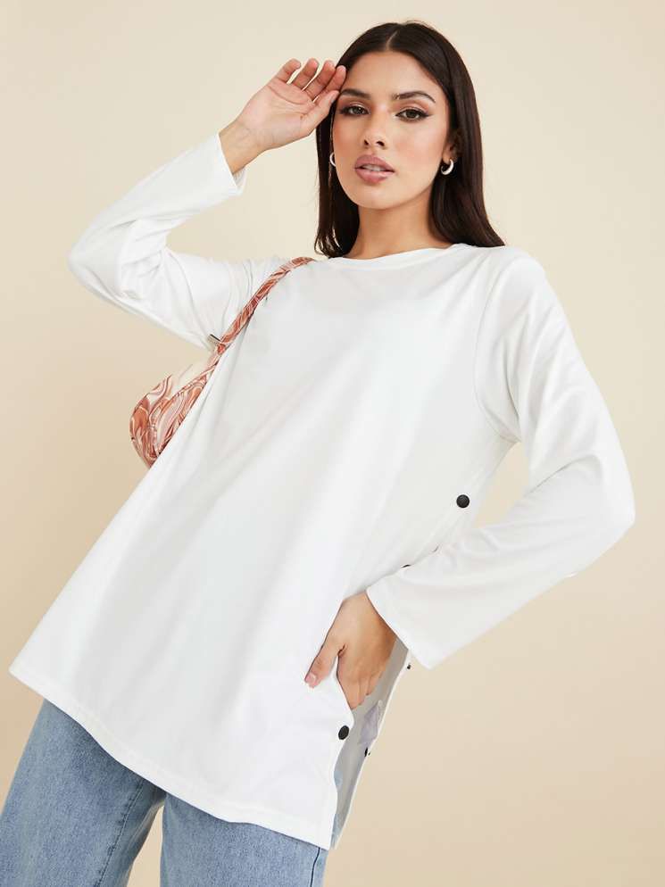 Women Solid Round Neck Polyester White T-Shirt 356369 X