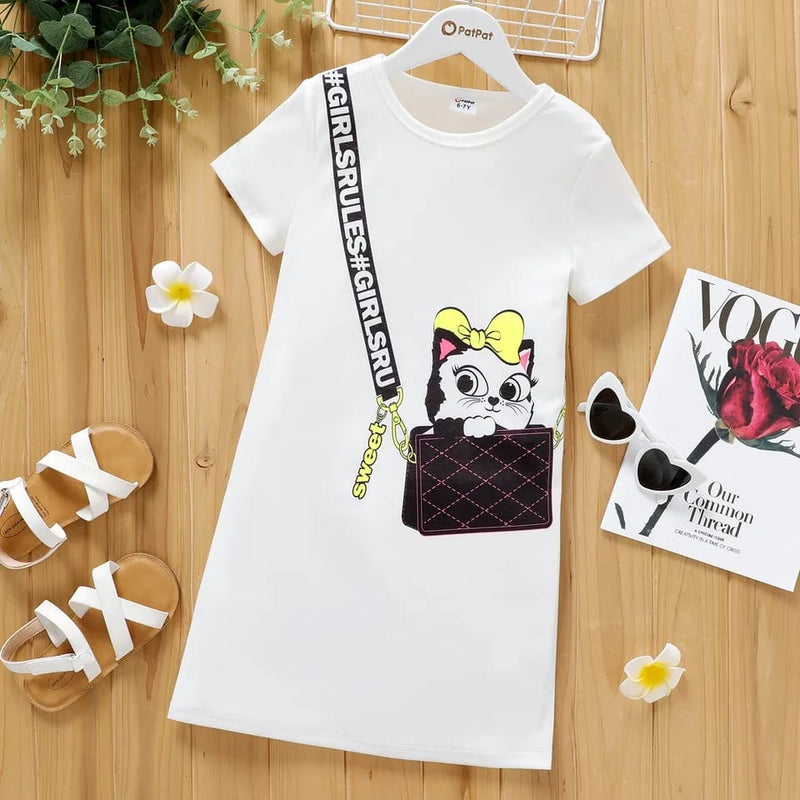 Kid Girl Cute Cat Bag Print Short-sleeve White Tee Dress 20431022 - Tuzzut.com Qatar Online Shopping