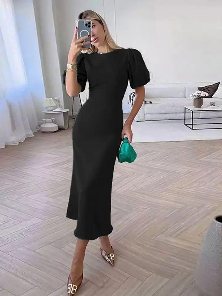 VONDA Women Casual Puff Short Sleeve Bodycon Dress Summer Elegant O-neck Solid Midi Dress S4583538 - Tuzzut.com Qatar Online Shopping