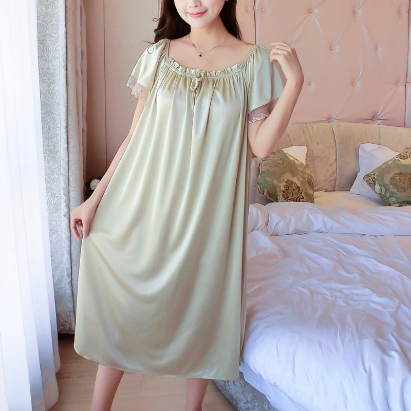 Womens Summer Lace Ice Silk Nightdress Short Sleeve Loose Plus Size Nightgown Sleepwear X4055543