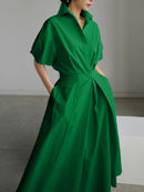 High Waisted Loose Pleated Solid Color V-Neck Midi Dresses XL 117781 - TUZZUT Qatar Online Shopping