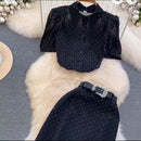 Women's Black Two-Piece Set Blouse Shirt And Belt Long Split Skirt Suit 518513 L - TUZZUT Qatar Online Shopping