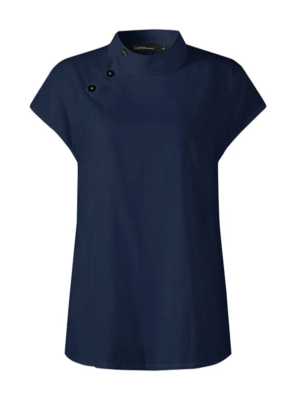 Solid Color Stand Collar Cap-Sleeve Shirts M 84523 Solid Color Stand Collar Cap-Sleeve Shirts M 84523