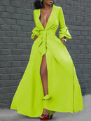 Puff Long Sleeves Buttoned Solid Color Deep V-Neck Maxi Shirt Dresses 115343 - TUZZUT Qatar Online Shopping