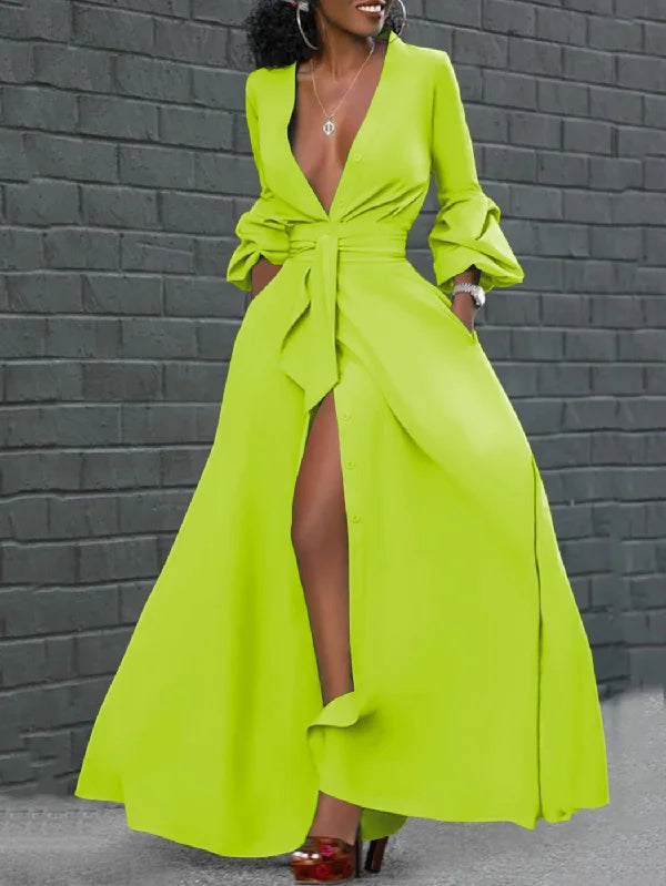 Puff Long Sleeves Buttoned Solid Color Deep V-Neck Maxi Shirt Dresses 115343 Puff Long Sleeves Buttoned Solid Color Deep V-Neck Maxi Shirt Dresses 115343
