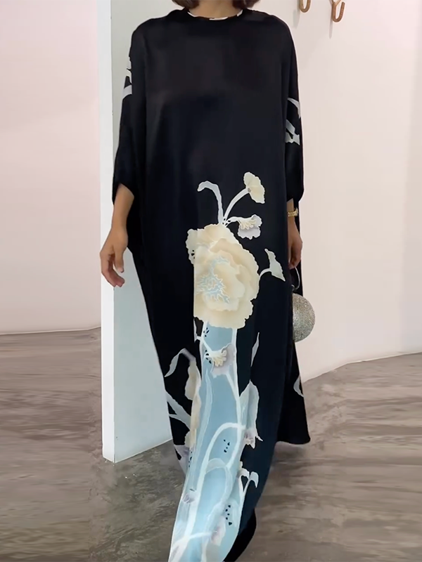 Cap Sleeve Loose Printed Round-Neck Maxi Dresses M 133499 Cap Sleeve Loose Printed Round-Neck Maxi Dresses M 133499