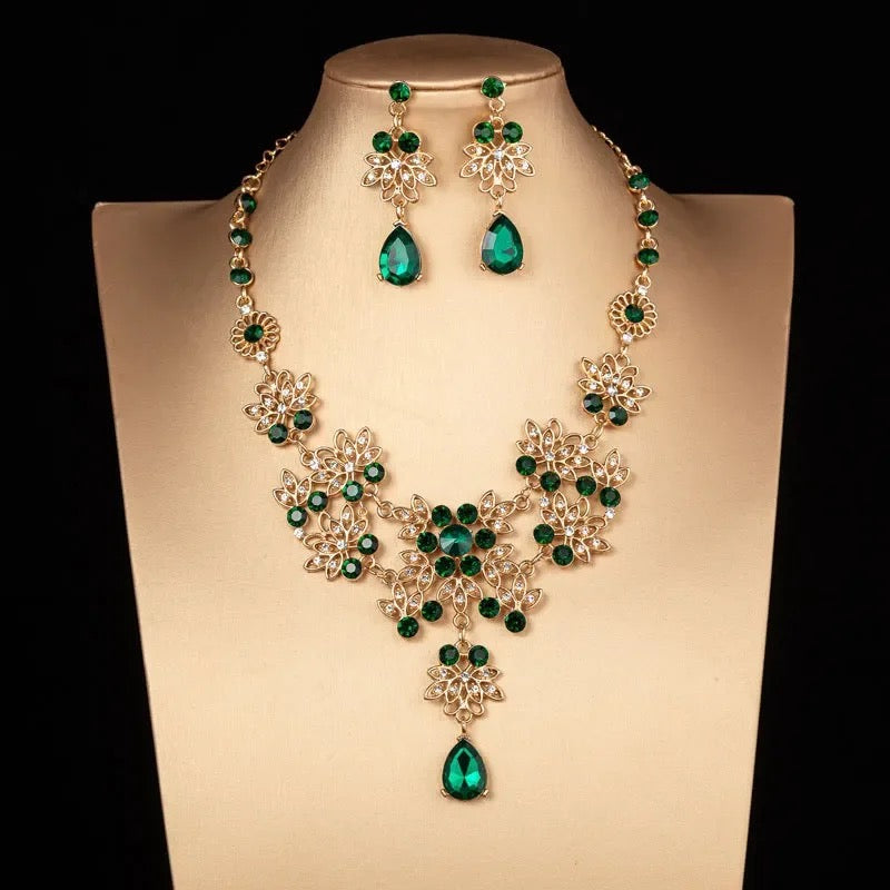 Women Style Gold Color Green Crystal Bridal Jewelry Sets Necklace Earrings - TUZZUT Qatar Online Shopping