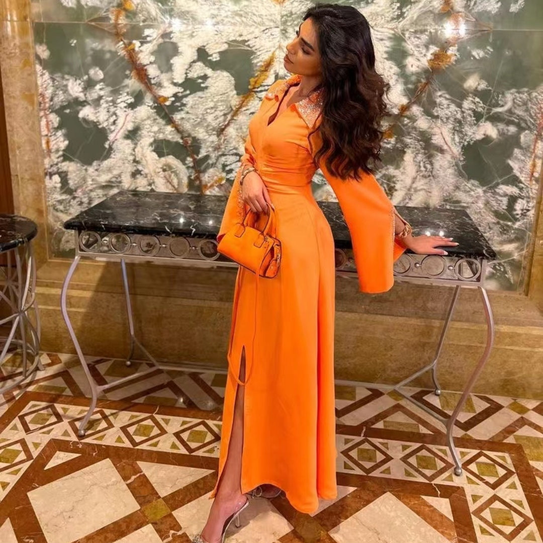 Lapel V Neck Prom Dresses Beaded Long Sleeves Vestidos De Fiesta Ruched Front Slit Special Occasion Women Wear Evening XL S4782520 Lapel V Neck Prom Dresses Beaded Long Sleeves Vestidos De Fiesta Ruched Front Slit Special Occasion Women Wear Evening XL S4782520