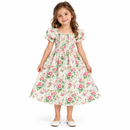 Girls’ Rose-Print Smocked Puff-Sleeve Dress SDR4023 – Age 4–5 Years