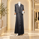 Black Pinstripe Double-Breasted Long Coat Dress with Brown Cuffs MC-A4