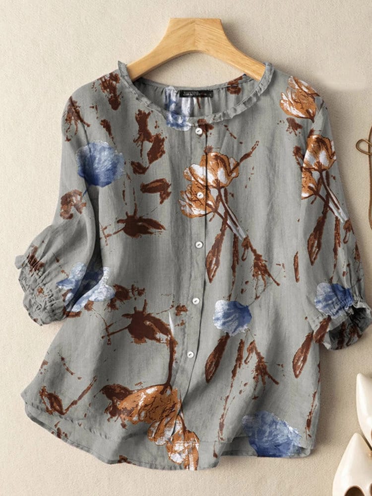 ZANZEA Plants Print 3/4 Sleeve Crew Top with Buttons 2XL S4758795