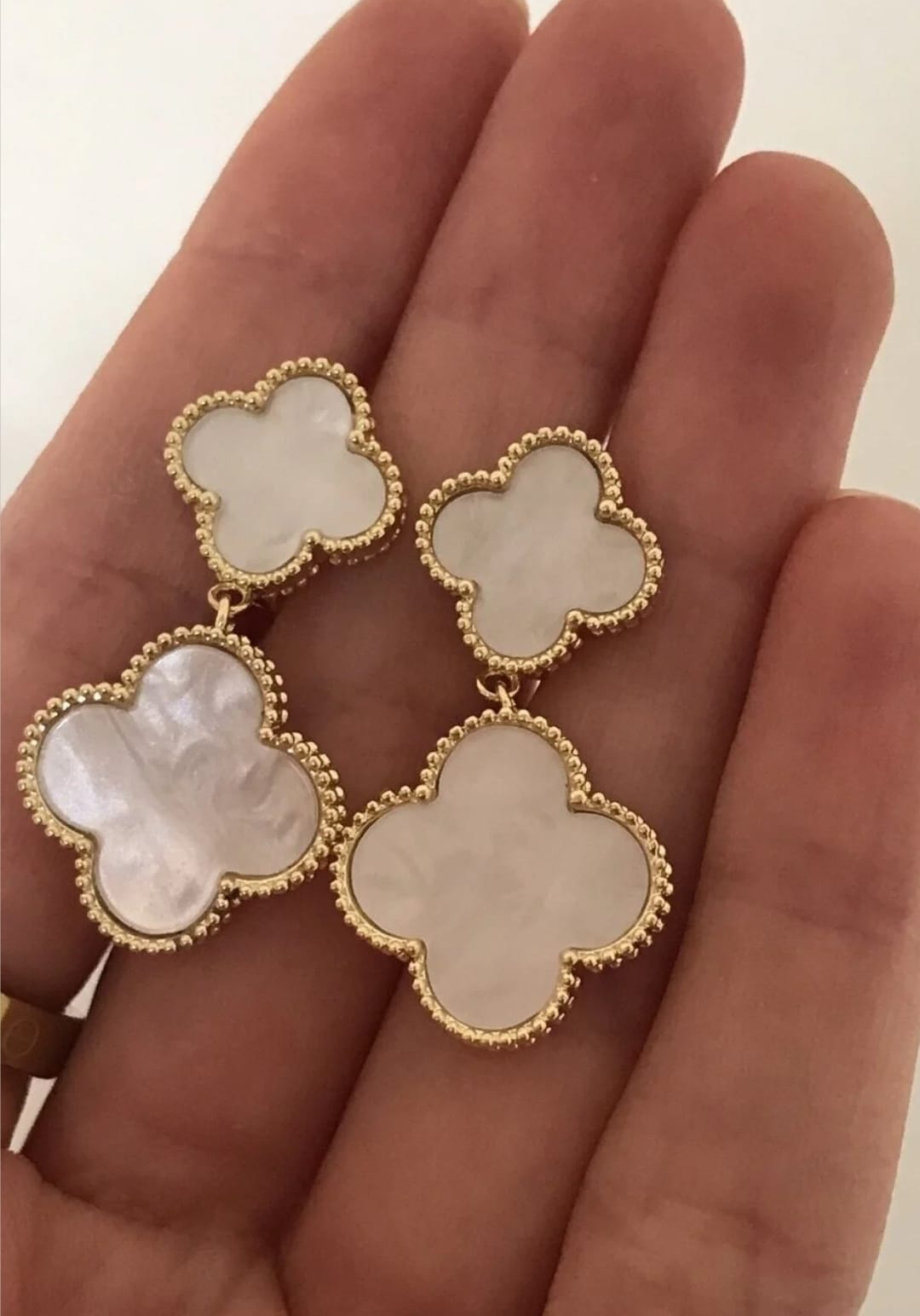 Gold Dipped Linked Clover Drop Earrings Marble White ER75