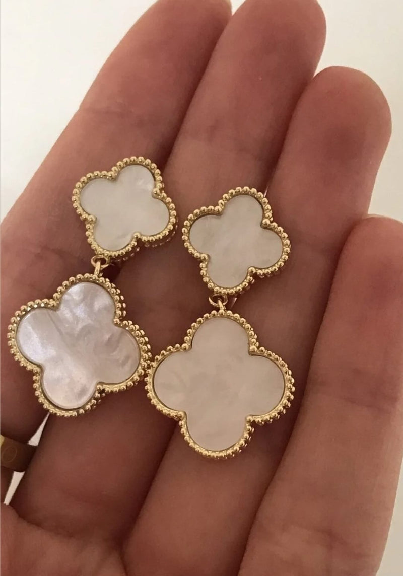 Gold Dipped Linked Clover Drop Earrings Marble White ER75 - TUZZUT Qatar Online Shopping