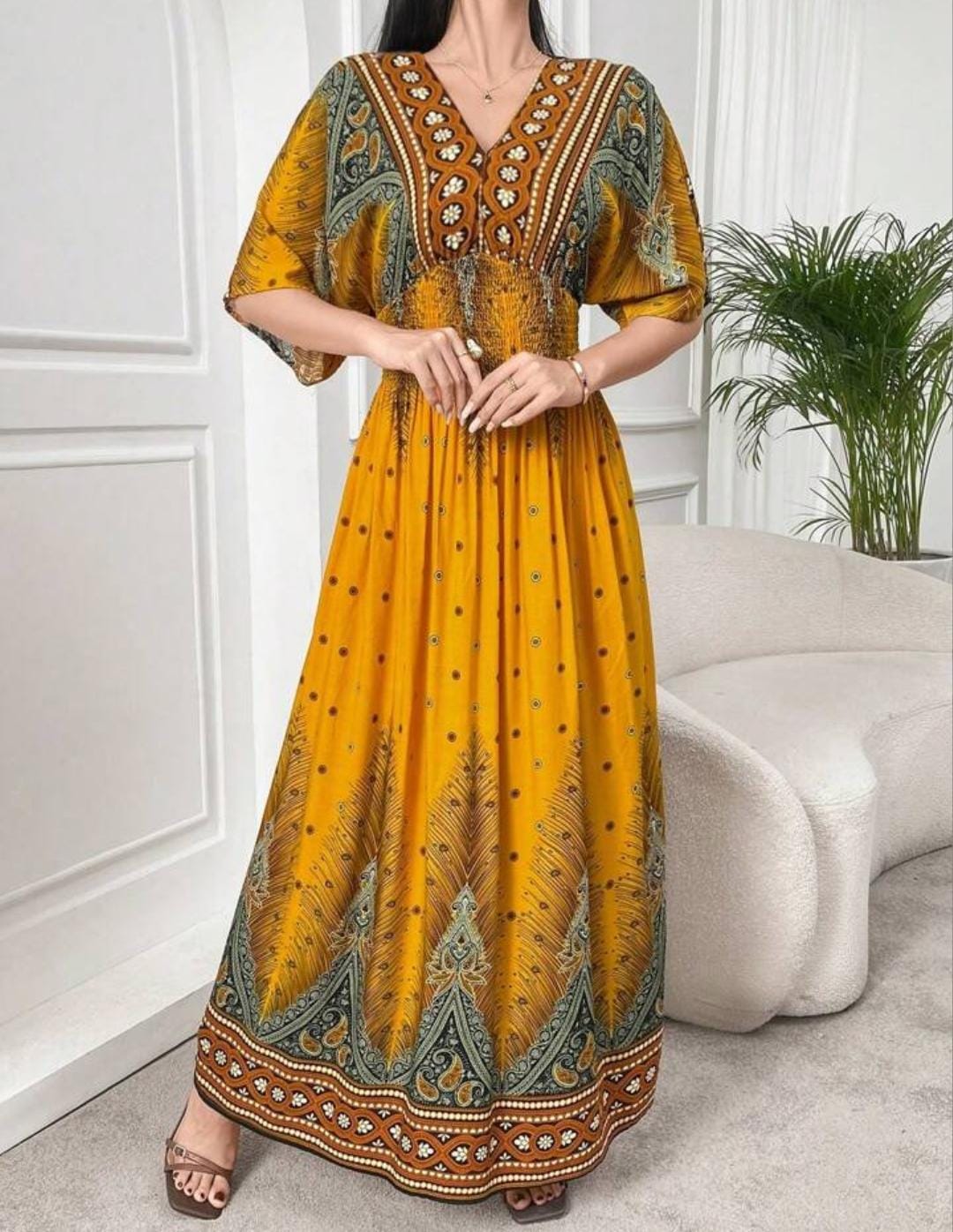 Al Najma Elegant Vintage Printed Sleeve Long Dress B-155670 Al Najma Elegant Vintage Printed Sleeve Long Dress B-155670