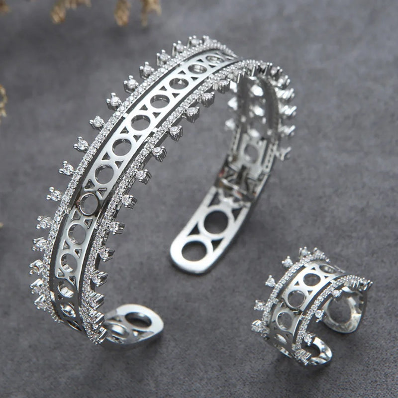 zircon Women's Wedding bangle with ring Gold Color jewelry set - Tuzzut.com Qatar Online Shopping