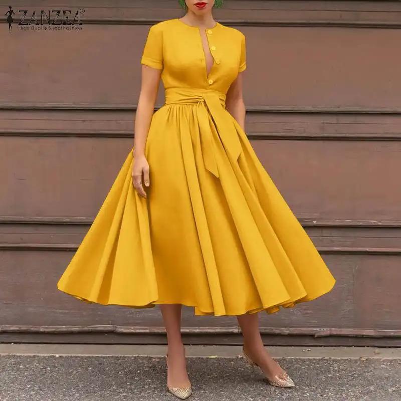 ZANZEA Casual Short Sleeve Holiday Sundress Women Elegant Solid Maxi Dress XL S3699037