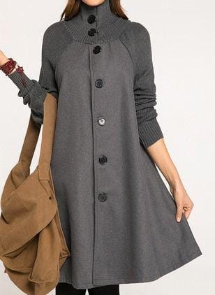 Women's Dark Gray Button Winter Swing Coat Knit Sleeves & Collar B187038 Women's Dark Gray Button Winter Swing Coat Knit Sleeves & Collar B187038