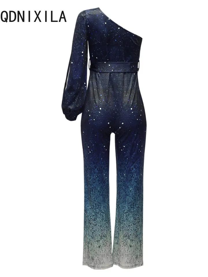 Women Elegant Long Jumpsuits Summer New Gradient Printed Sexy Inclined Collar Women's Jumpsuit Blue High Waisted Wide Leg Pants 3XL S9029323 - Tuzzut.com Qatar Online Shopping