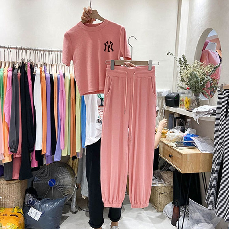 Women's 2 Pcs Short Sleeve Solid Color T-shirt Sets 589490 M Women's 2 Pcs Short Sleeve Solid Color T-shirt Sets 589490 M