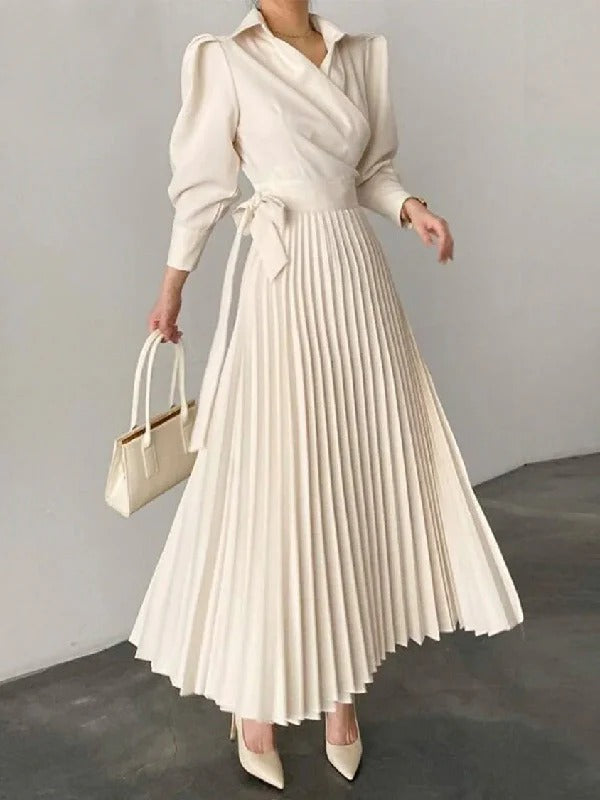 Office Pleated Asymmetric Solid Color Lapel Maxi Dresses 112167 Office Pleated Asymmetric Solid Color Lapel Maxi Dresses 112167