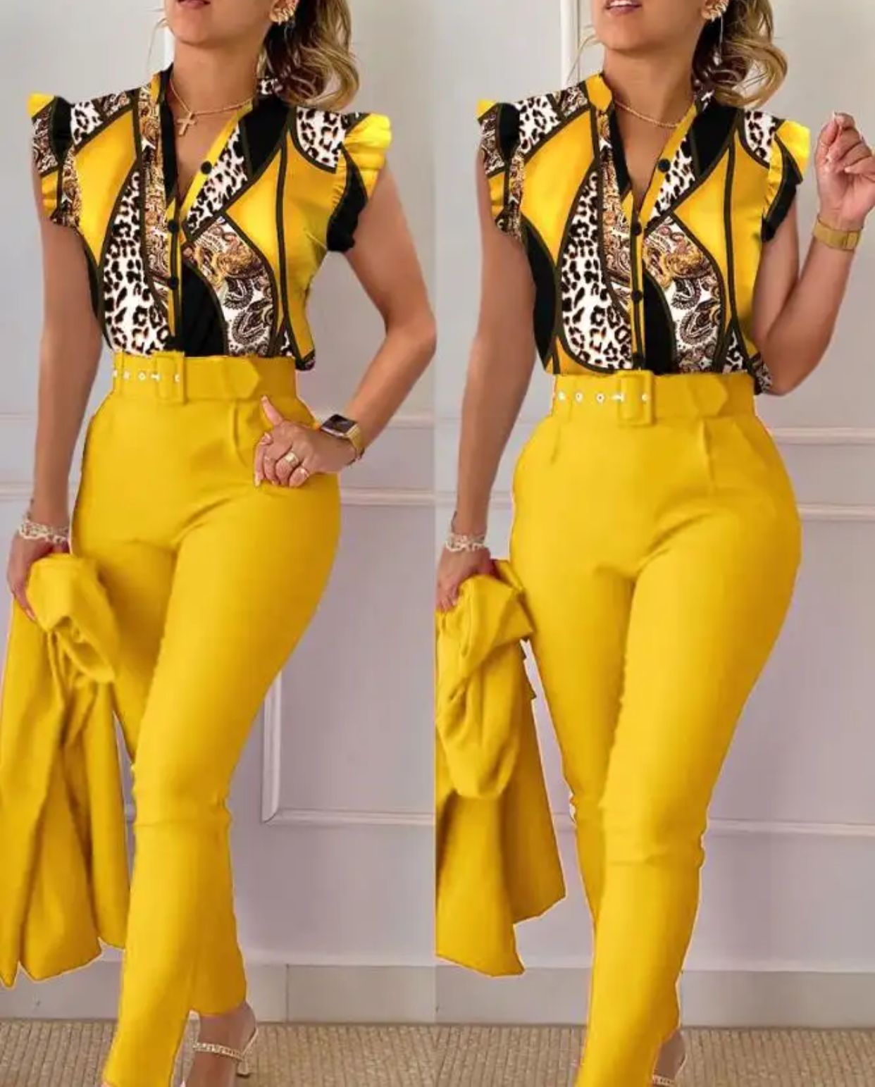 Elegant Women Printed Two Piece Suit Sets with Belt B-101255 Elegant Women Printed Two Piece Suit Sets with Belt B-101255