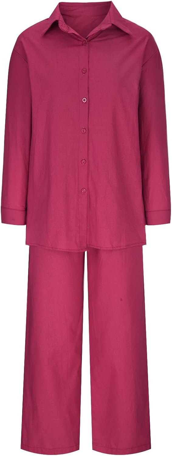 Summer Sets for Women 2 Piece Linen Outfits Gauze Button Down Shirts and Pants Tracksuits Casual Lounge Set Pants Set B101322 Summer Sets for Women 2 Piece Linen Outfits Gauze Button Down Shirts and Pants Tracksuits Casual Lounge Set Pants Set B101322
