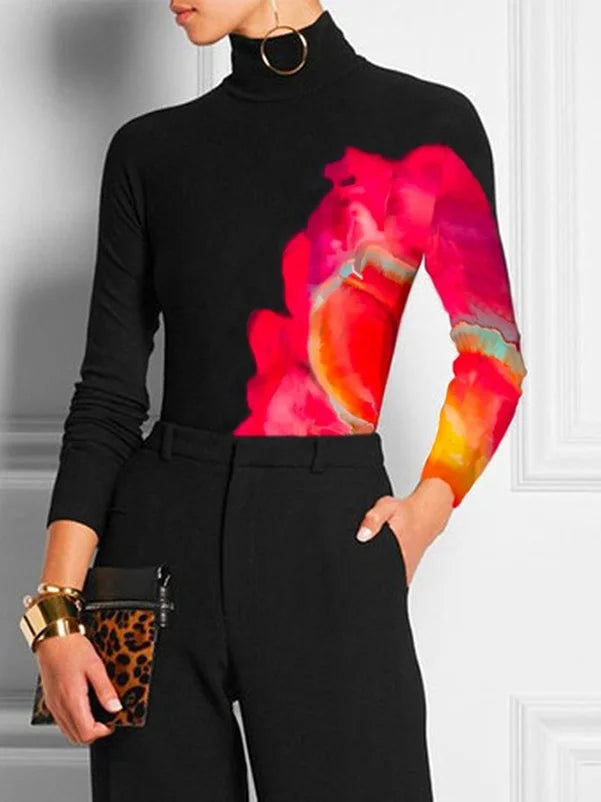 Long Sleeves Skinny Contrast Color Printed High Neck T-Shirts XL 132184 Long Sleeves Skinny Contrast Color Printed High Neck T-Shirts XL 132184